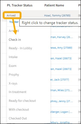 Pt Tracker Status right clicked with menu list showing and a yellow highlight box around the Status with a  yellow arrow pointing down towards the menu list.